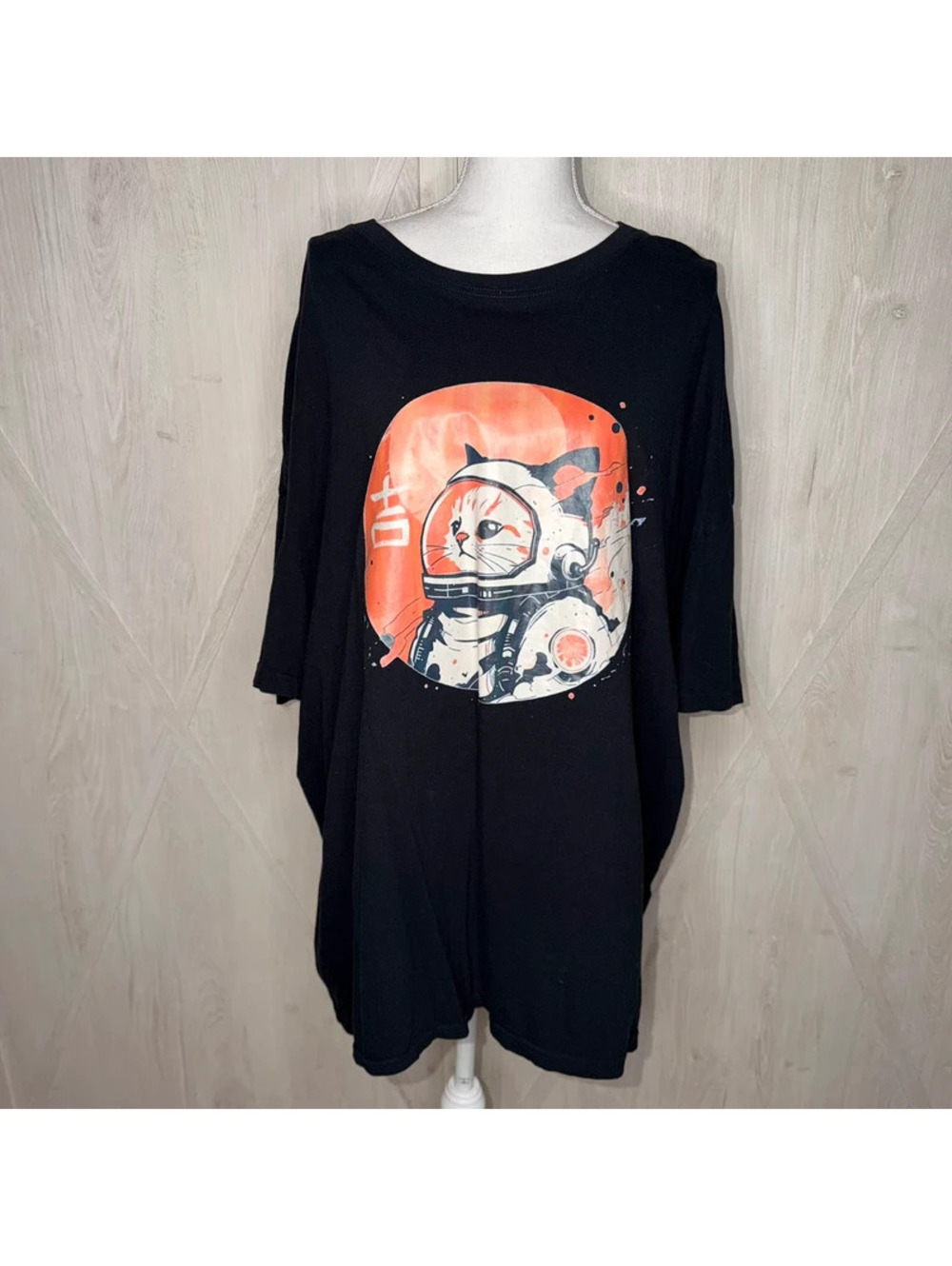 Space Cat Astronaut 5XL Black Graphic T-Shirt Japanese Anime Sci-Fi Plus Size